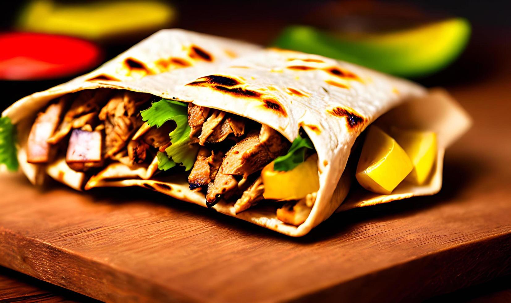 Shawarma. Doner kebab, fresh vegetables and meat. Kebab sandwich close up. photo