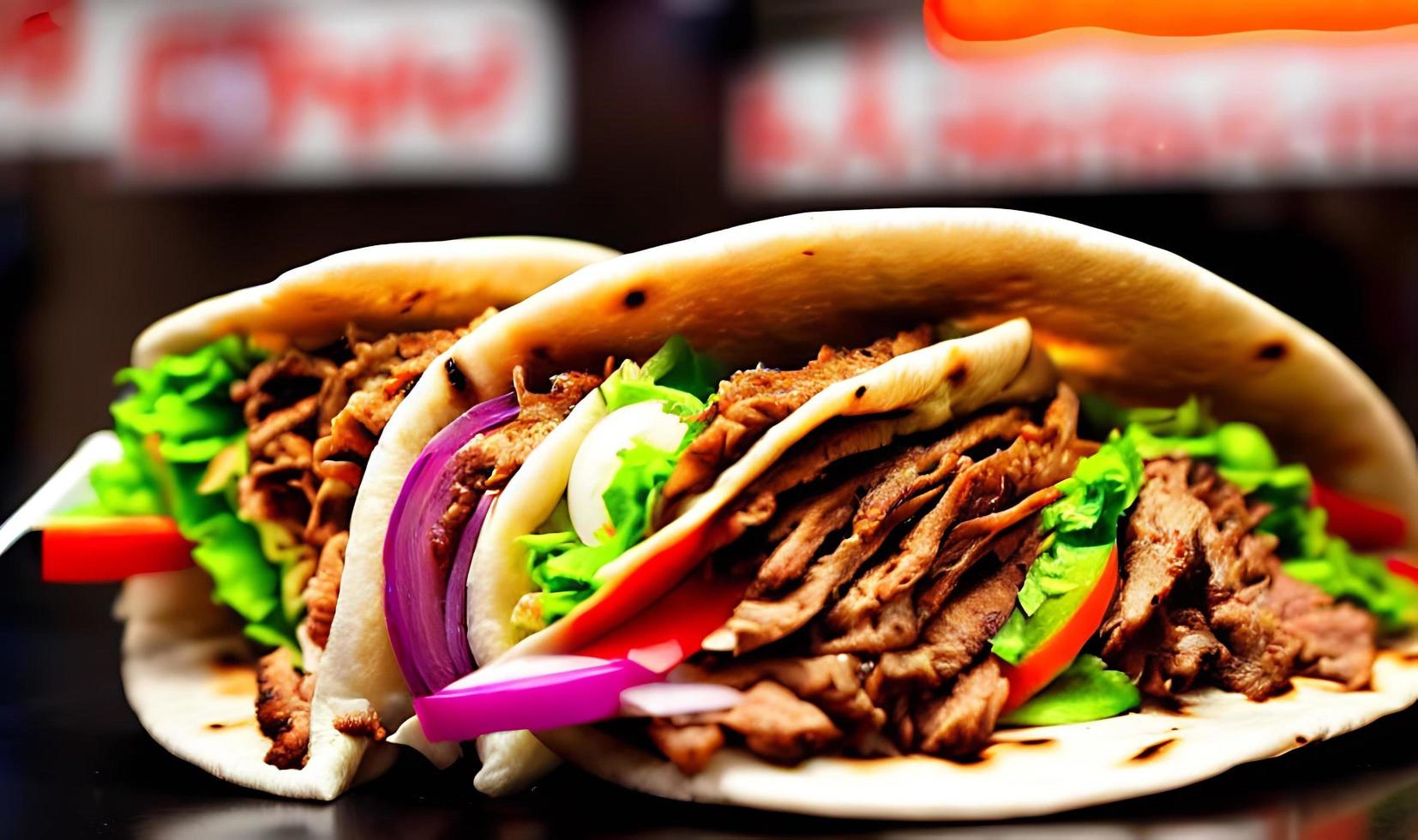 Shawarma. Doner kebab, fresh vegetables and meat. Kebab sandwich close up. photo