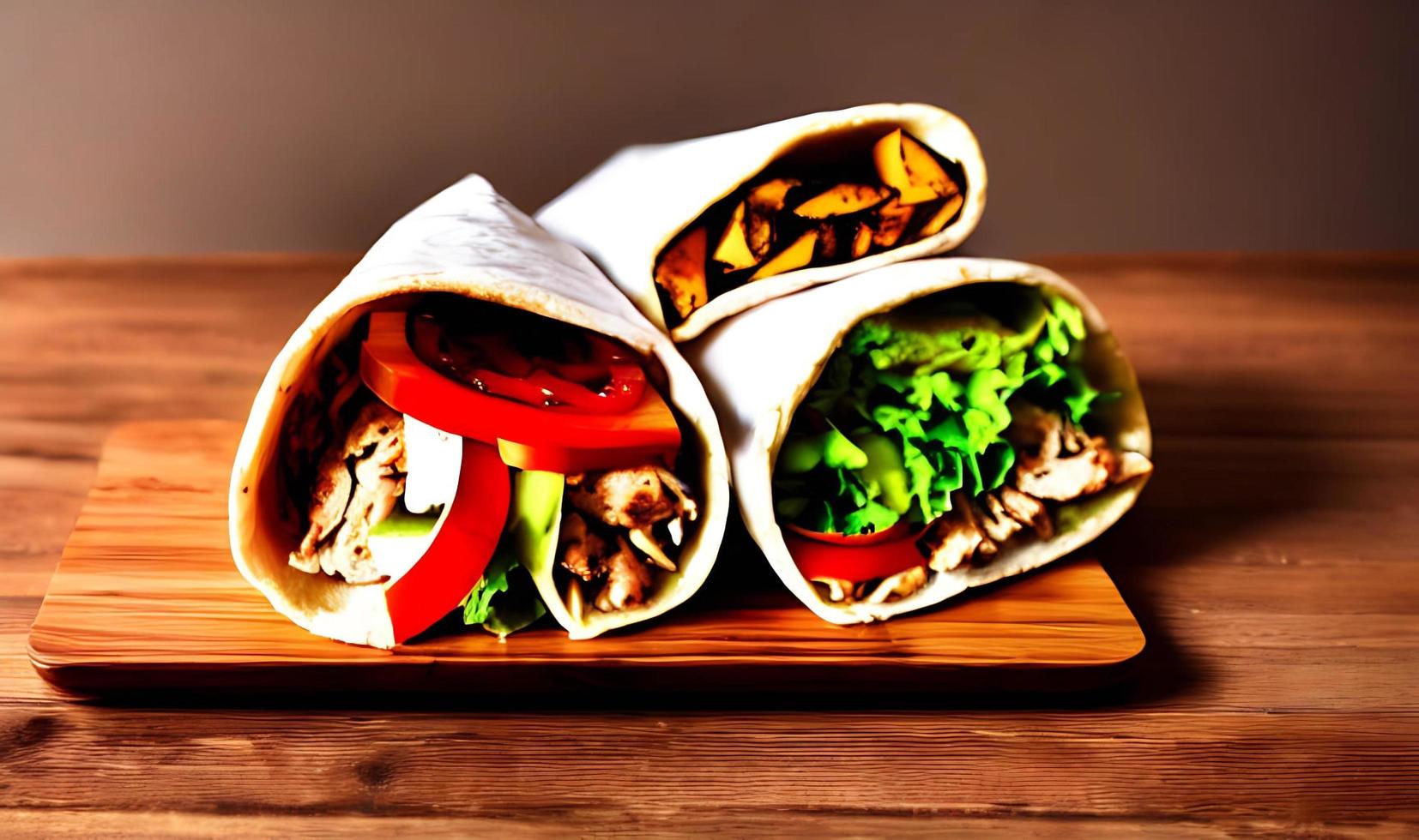 Shawarma. Doner kebab, fresh vegetables and meat. Kebab sandwich close up. photo