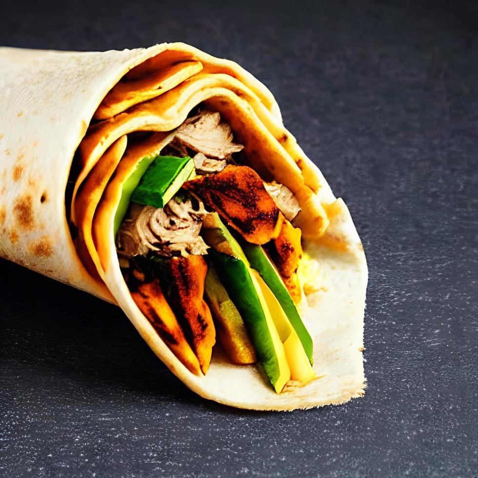 Shawarma. Doner kebab, fresh vegetables and meat. Kebab sandwich close up. photo