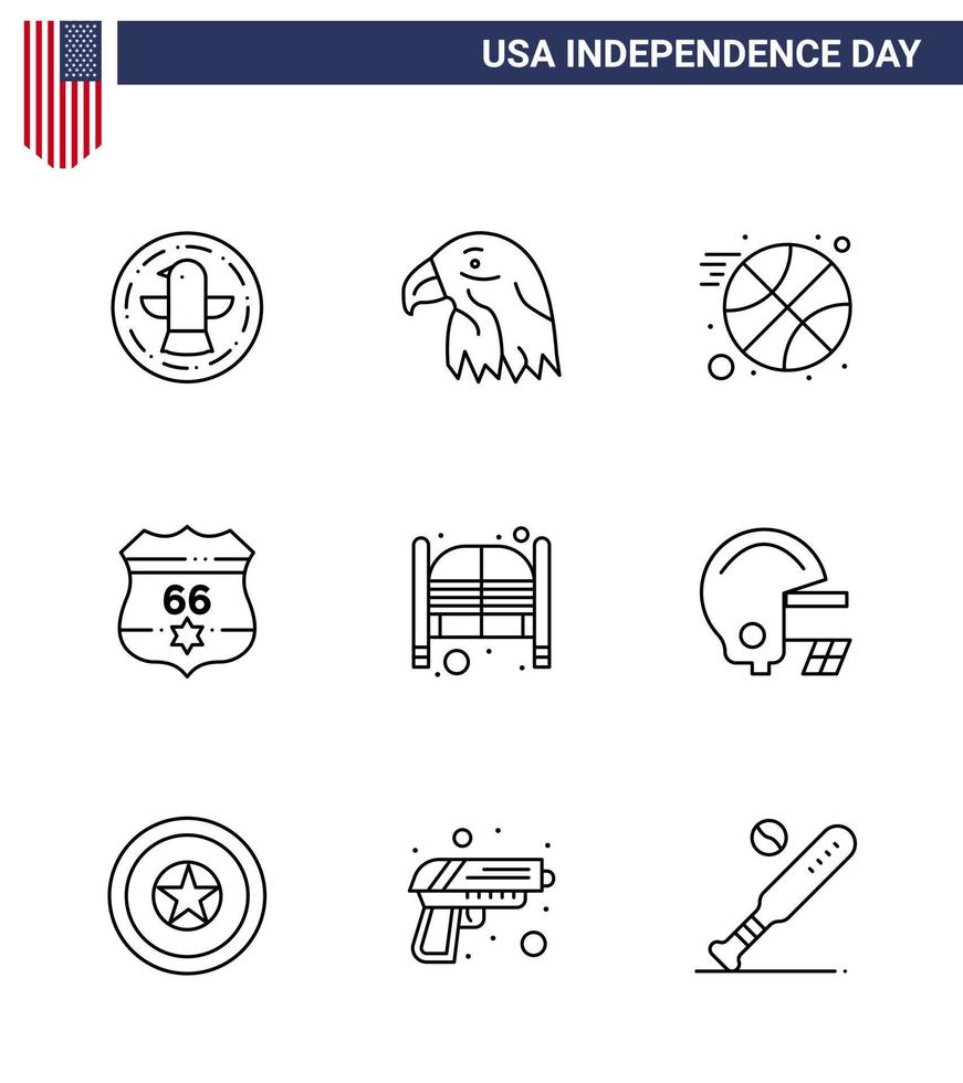 9 Line Signs for USA Independence Day saloon bar basketball security shield Editable USA Day Vector Design Elements