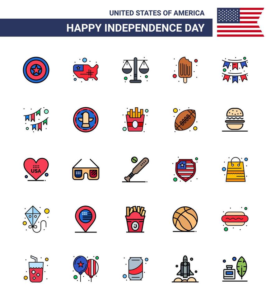 Happy Independence Day 4th July Set of 25 Flat Filled Lines American Pictograph of buntings ice cream court food cold Editable USA Day Vector Design Elements