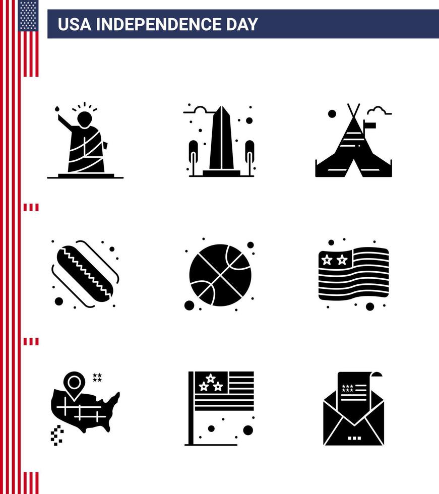Editable Vector Line Pack of USA Day 9 Simple Solid Glyphs of basketball hotdog usa american camp Editable USA Day Vector Design Elements