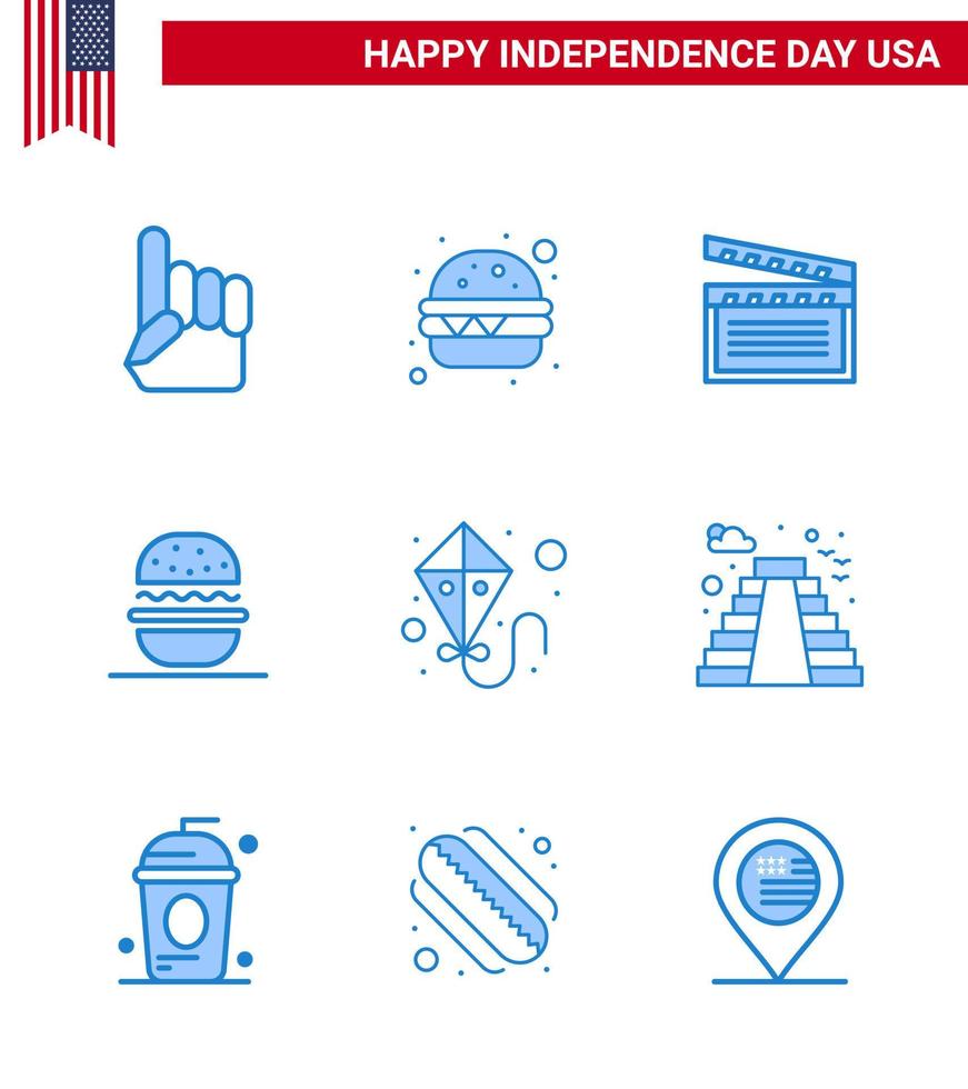 Modern Set of 9 Blues and symbols on USA Independence Day such as flying kite movis usa eat Editable USA Day Vector Design Elements