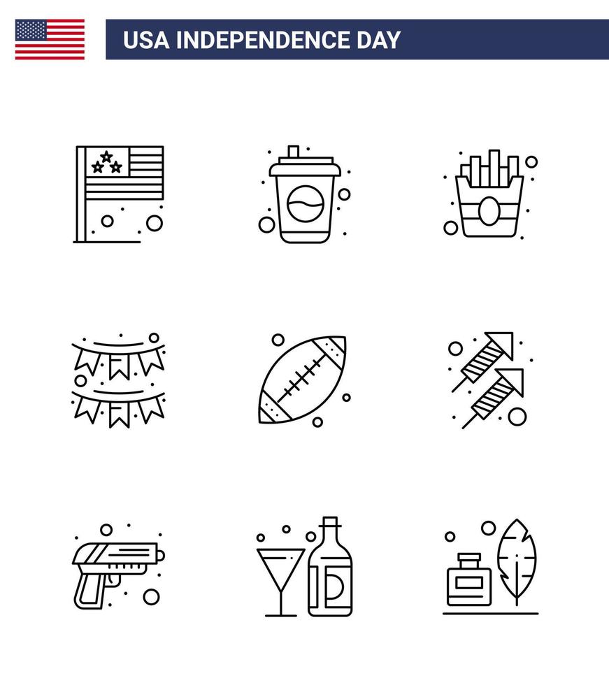 Happy Independence Day 4th July Set of 9 Lines American Pictograph of footbal garland fast party buntings Editable USA Day Vector Design Elements