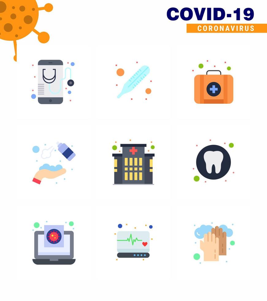Covid19 icon set for infographic 9 Flat Color pack such as clinic washing emergency wash clean viral coronavirus 2019nov disease Vector Design Elements