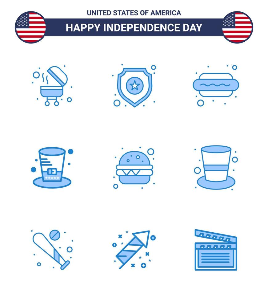 9 iconos creativos de estados unidos signos de independencia modernos y símbolos del 4 de julio de comida hamburguesa perro sombrero de estados unidos elementos de diseño de vector de día de estados unidos editables