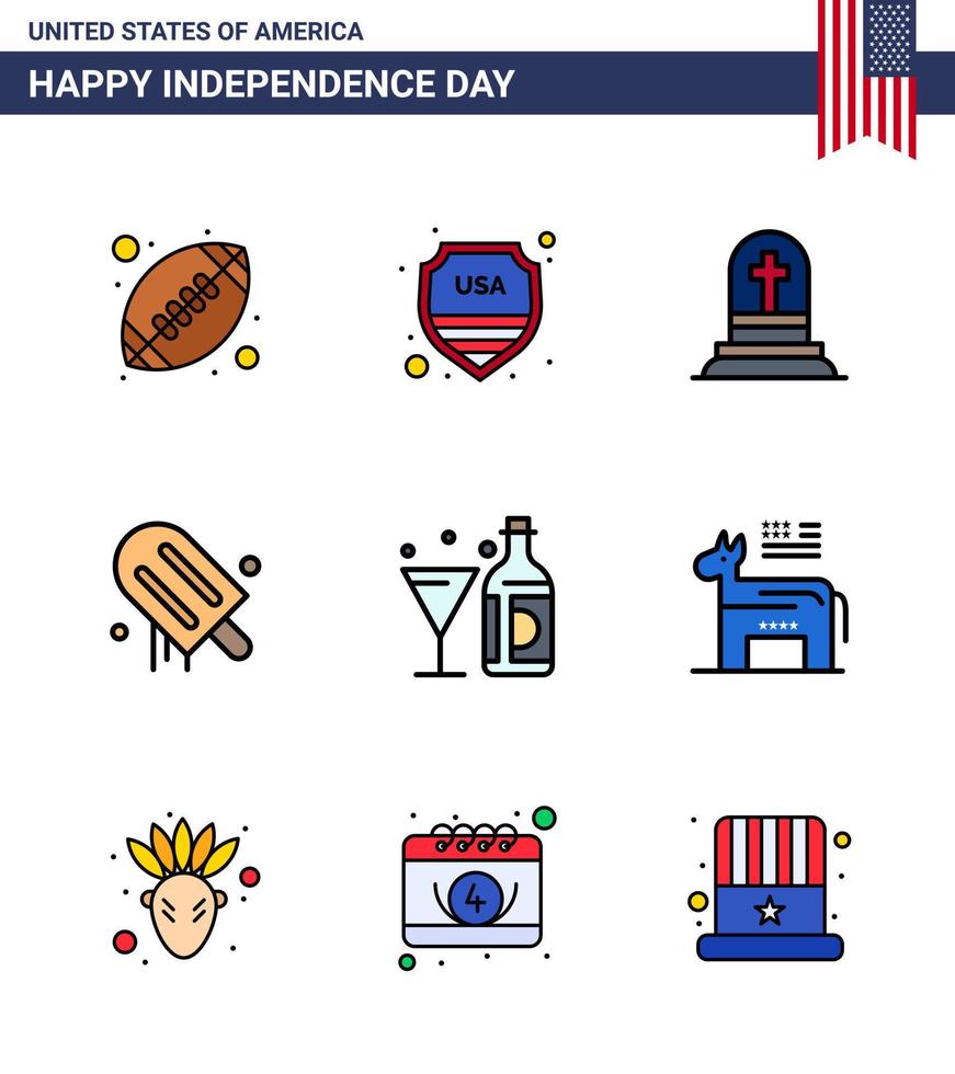 conjunto de 9 líneas llenas planas modernas en el día de la independencia de estados unidos vino muerte de estados unidos helado americano elementos de diseño vectorial editables del día de estados unidos vector