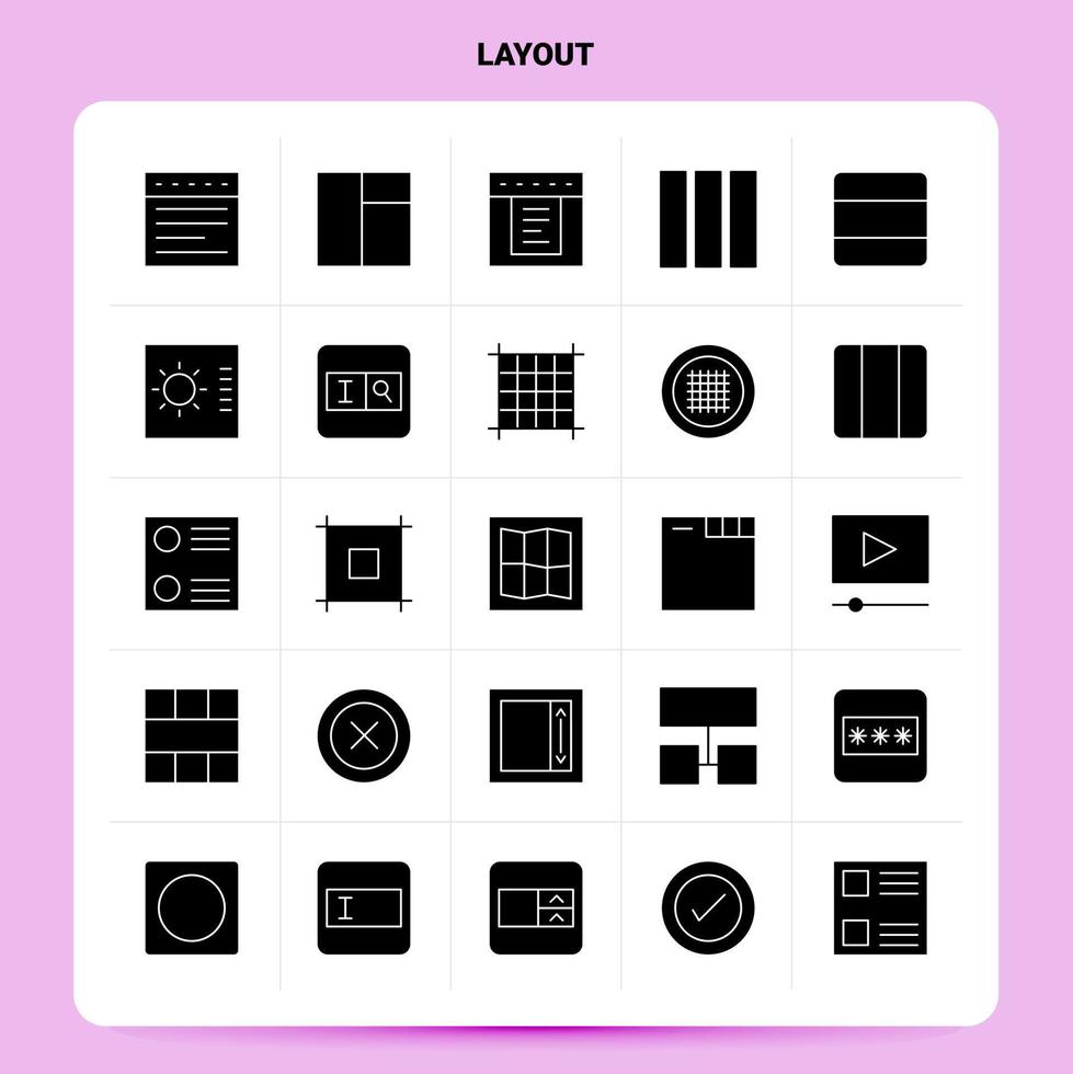 Solid 25 Layout Icon set Vector Glyph Style Design Black Icons Set Web and Mobile Business ideas design Vector Illustration