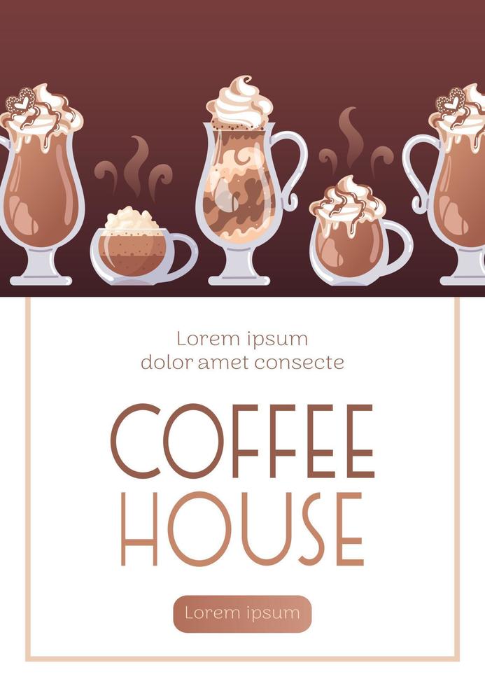 Cappuccino, latte and mocha. Hot chocolate in a glass, whipped cream. Banner for coffee shop, cafe bar, barista. Vector food illustration for poster, banner, flyer, advertising, publicity, promo, menu
