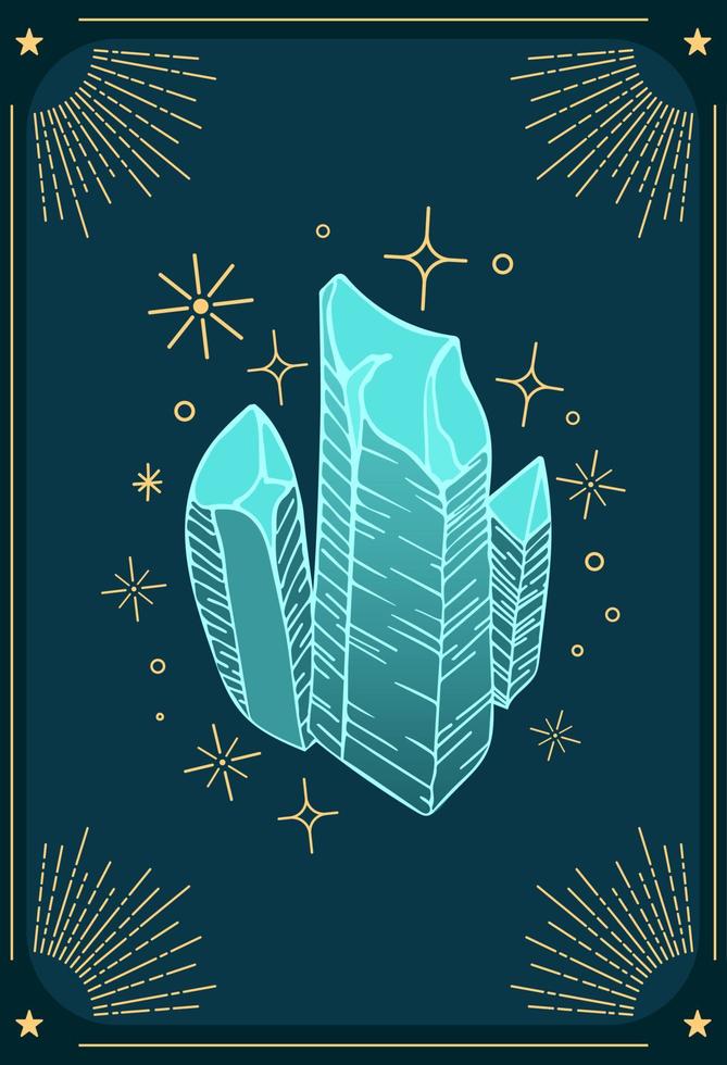 Shining glowing blue crystal. The magic minerals, ritual amulet. Vintage illustration in boho style. Halloween, witchcraft. For logo, posters, cards, banners, fabric printing vector