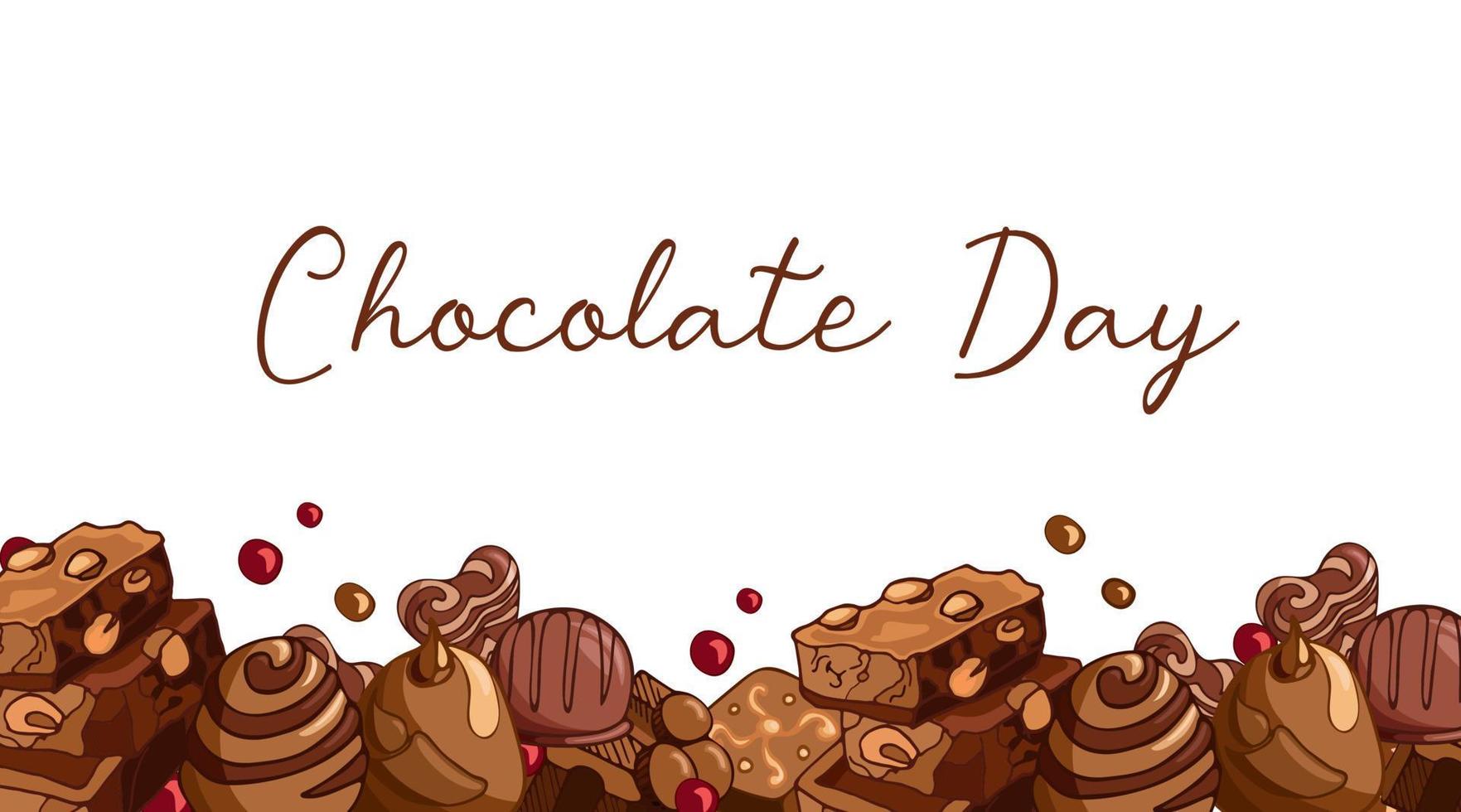 Vintage horizontal white banner border with pieces of milk chocolate, nuts, chocolates illustration. World Chocolate Day. Vector background design. Template for cards, invitations, packaging, menu.