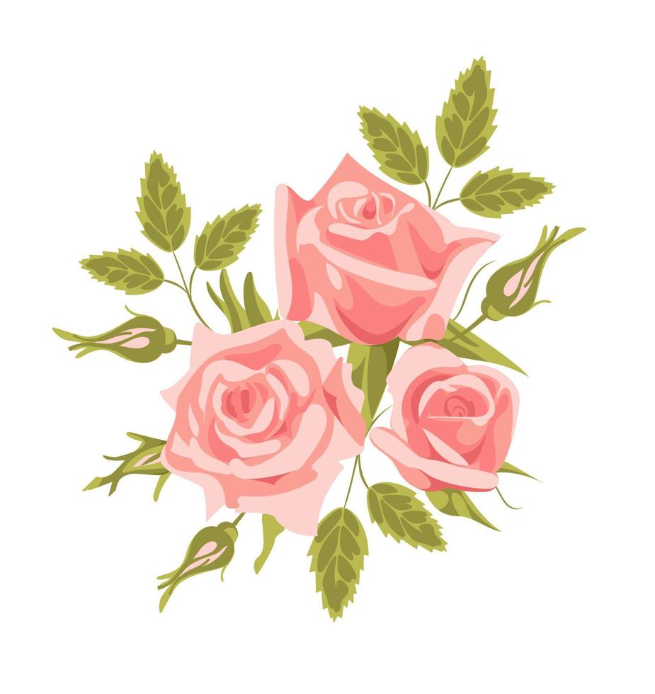 Bouquet of vintage English roses. Delicate pink flower buds with leaves, realistic style. For Valentines Day, weddings, stickers, posters, postcards, design elements vector