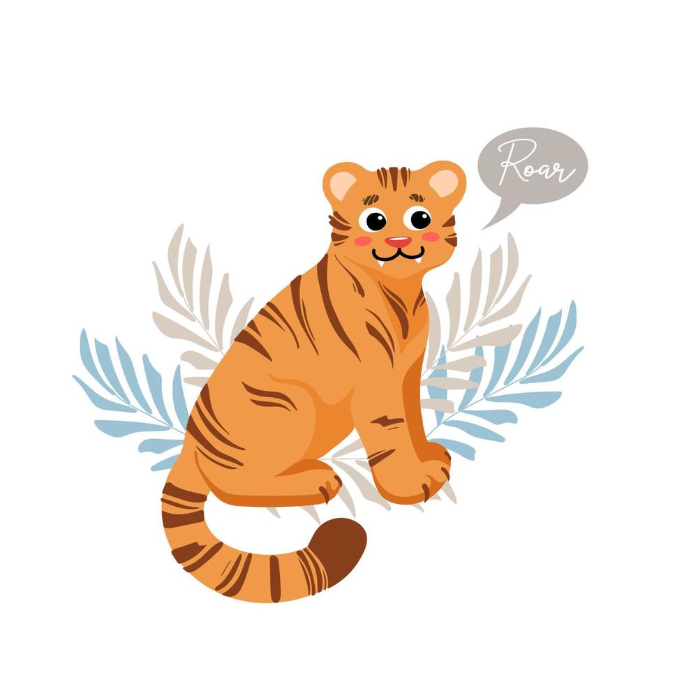 Cute sitting tiger growls roar childrens vector illustration in cartoon style. For nursery, posters, stickers, postcards, prints on t-shirts. International Tiger Day.