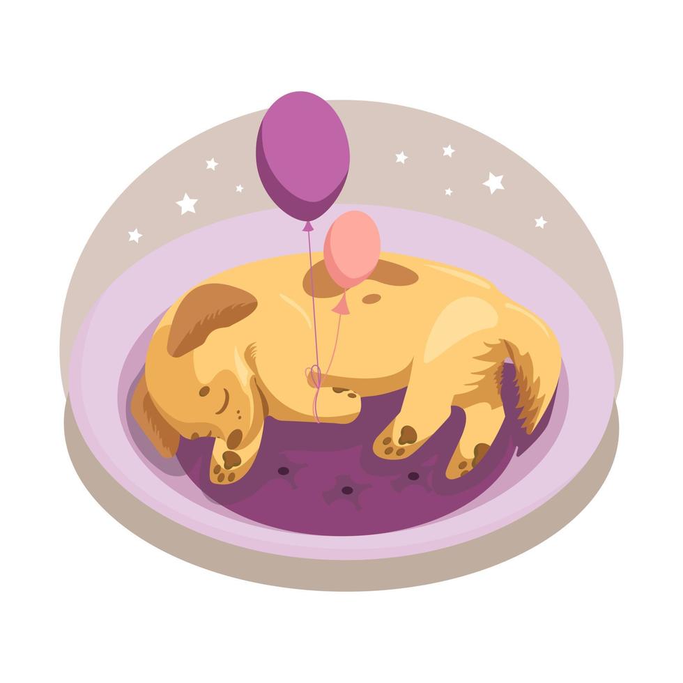 Cute childish illustration. Sleeping puppy with balloons on a purple pillow. For nursery, postcards, stickers, fabric character for kids vector