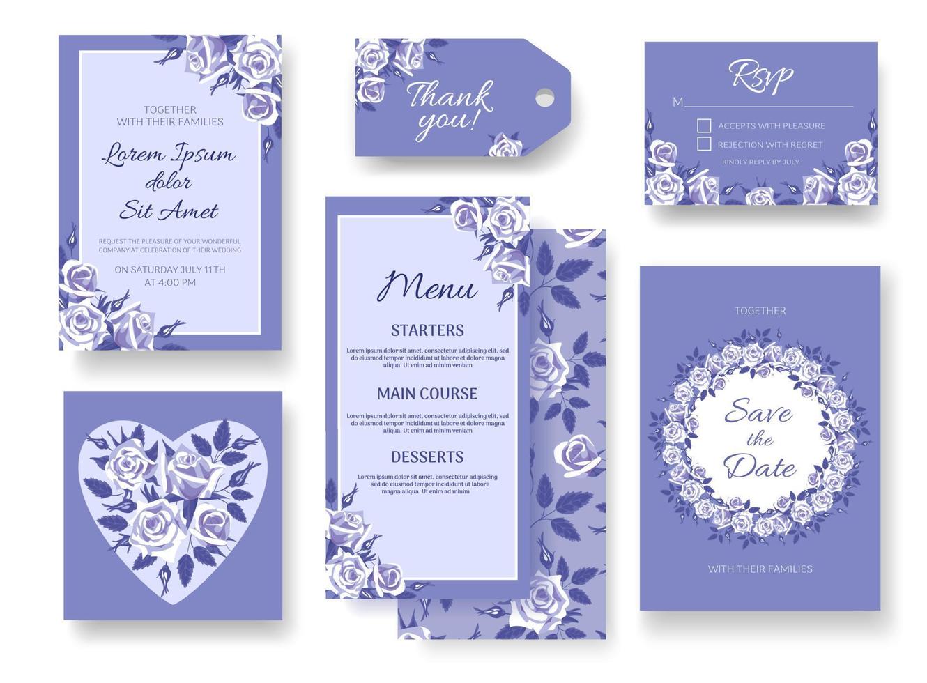Set of bright modern wedding templates. Elegant purple roses. For invitation, rsvp, save the date, frames, postcards in vintage style, design elements. vector