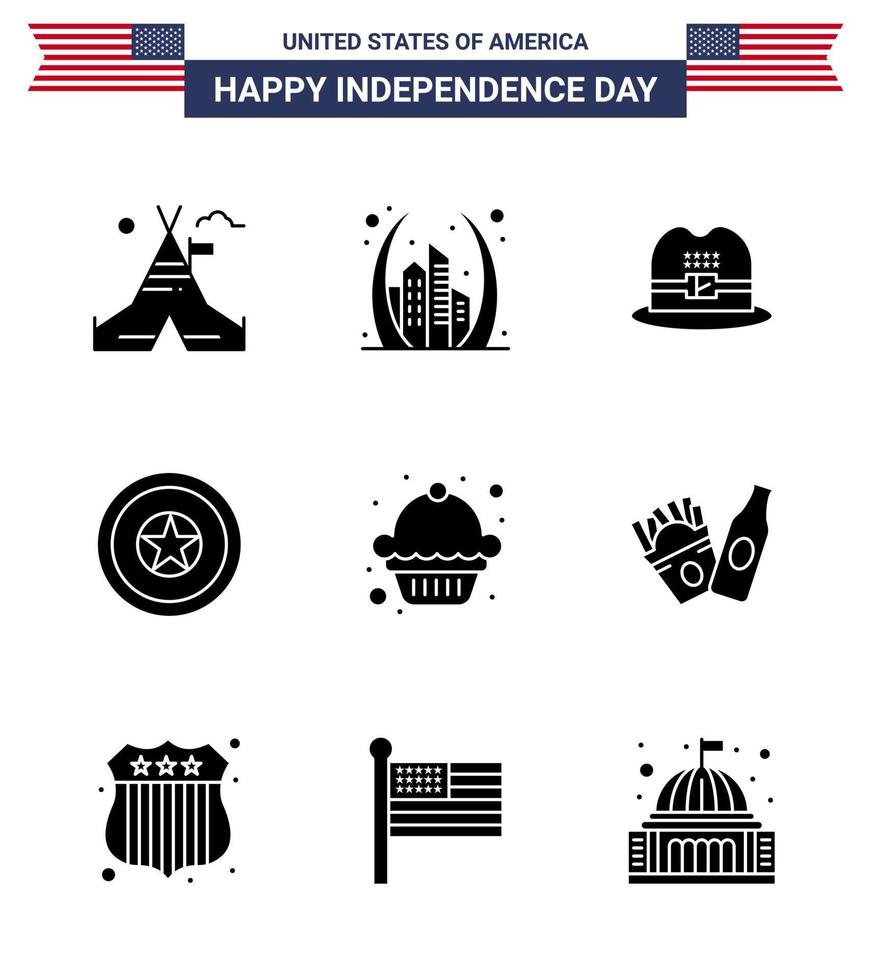 9 USA Solid Glyph Signs Independence Day Celebration Symbols of dessert medal usa independence day holiday Editable USA Day Vector Design Elements