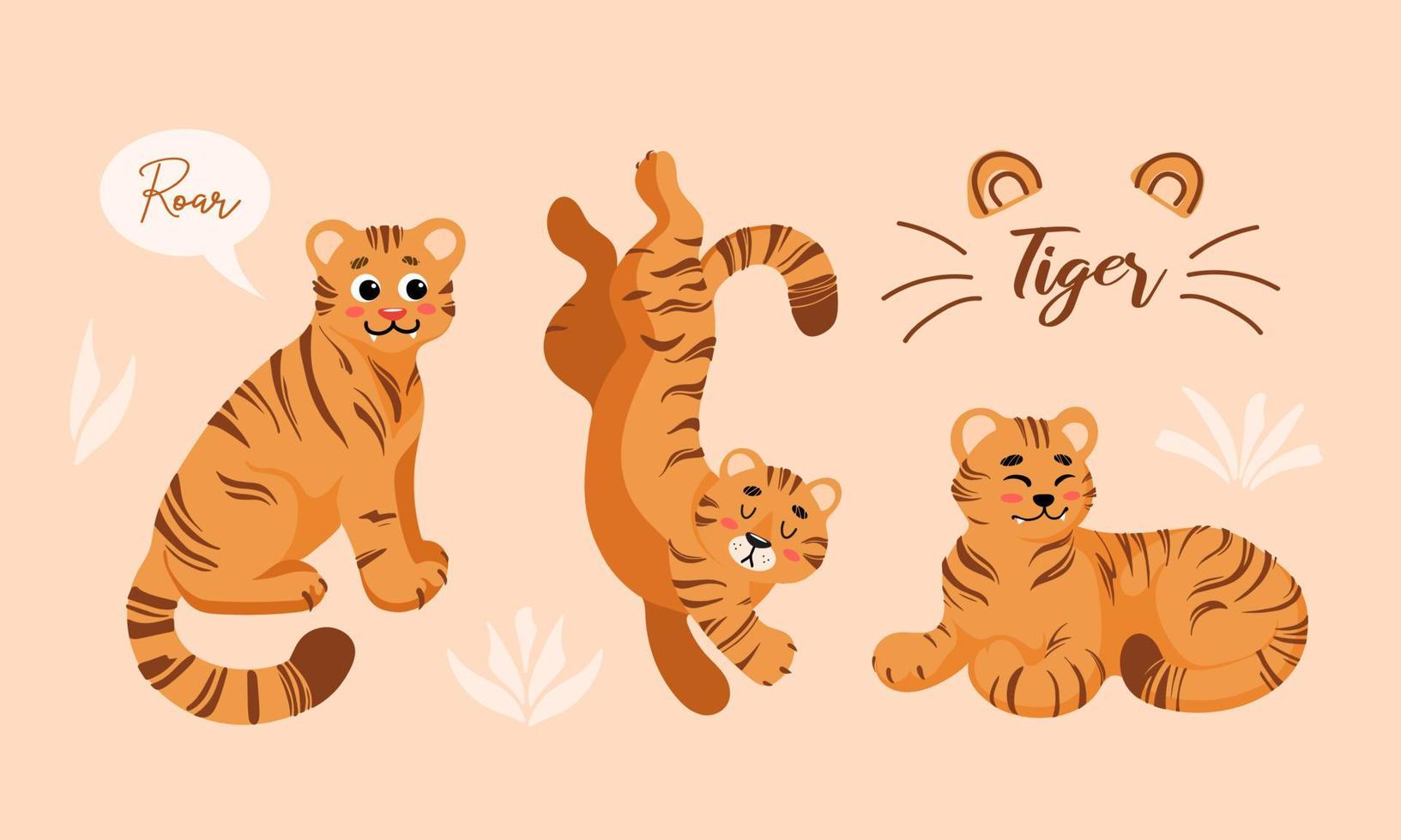 Set of vector childish colored cartoon illustrations of cute tiger in different positions isolated icon. For stickers, posters, postcards, banners, pet products. Tiger Day. Chinese New Year 2022.