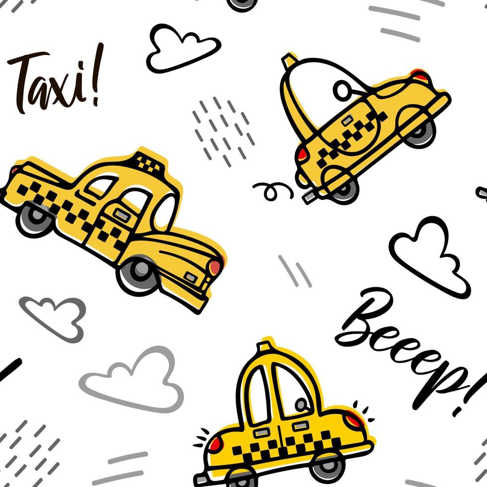 lindos taxis retro amarillos de dibujos animados están volando entre las nubes sobre un fondo blanco. ilustración de dibujos animados para niños en estilo garabato. para niños, guardería, camisetas, ropa, envoltura. vector