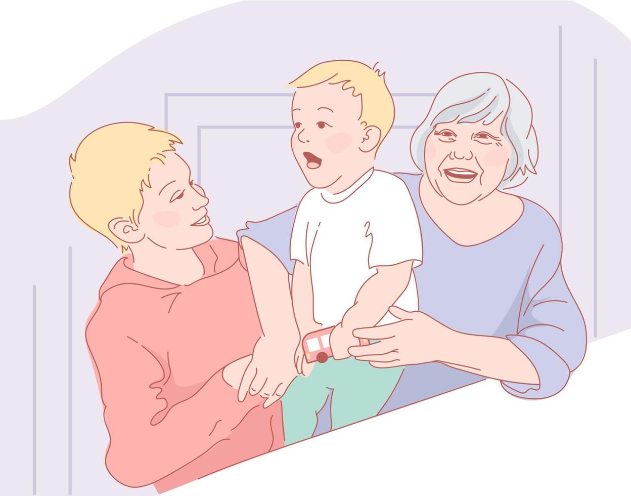 Grandmother and grandchildren hug and laugh. Loving family, generational relationships. National Grandparents Day. Siblings, children of all ages. For posters, postcards, articles, flyers, books. vector