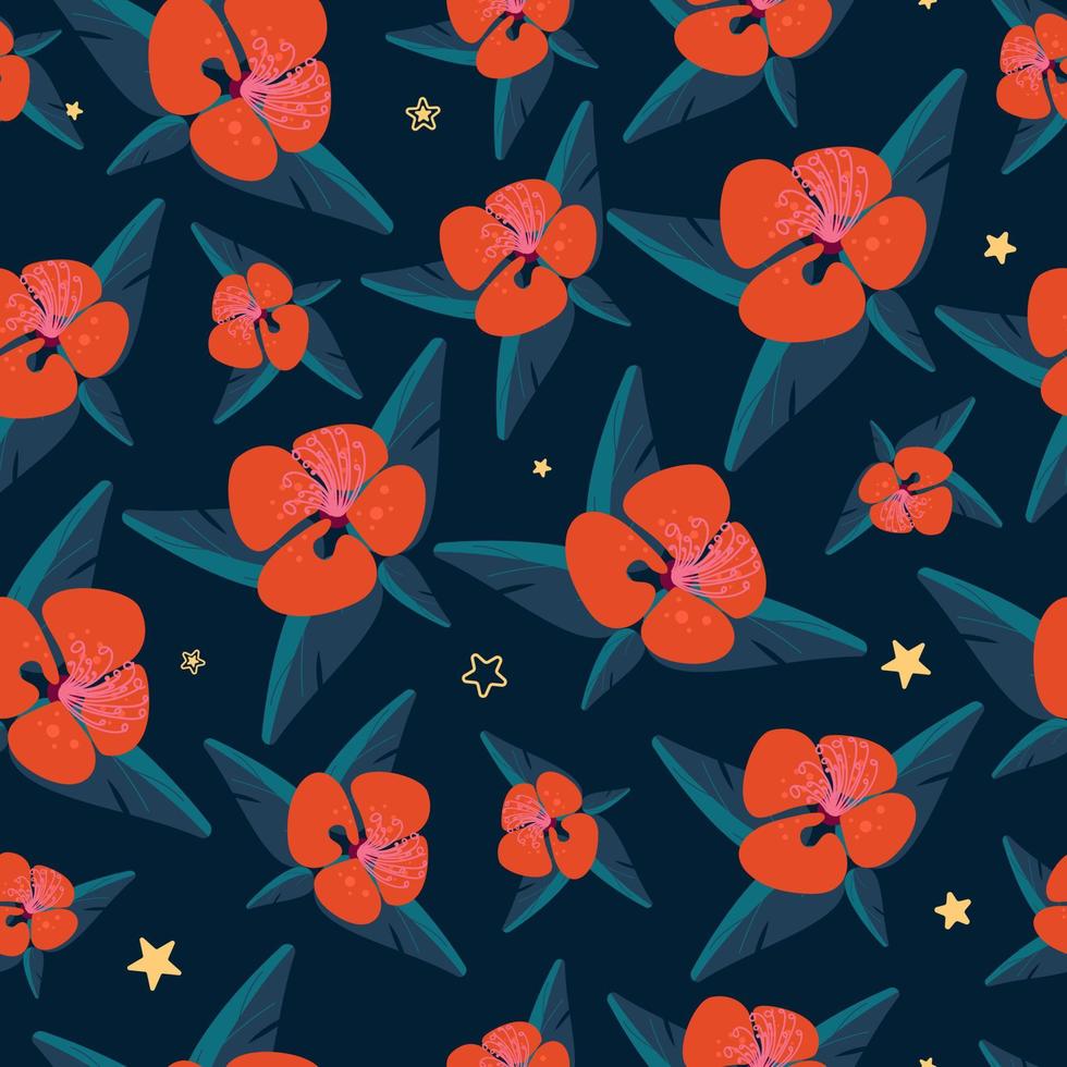 Bright vector seamless tropical pattern with red flower leaves and stars on a dark background. South night. For printing on fabric, clothing, wallpaper, banner background.