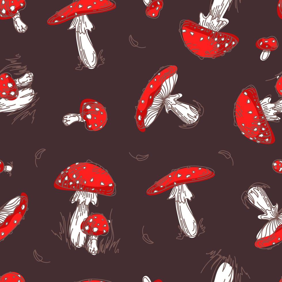Fly agaric Amanita, non-edible poisonous mushroom. Bright cute seamless pattern in cartoon style. Gathering in the autumn forest. For wallpaper, printing on fabric, wrapping. vector