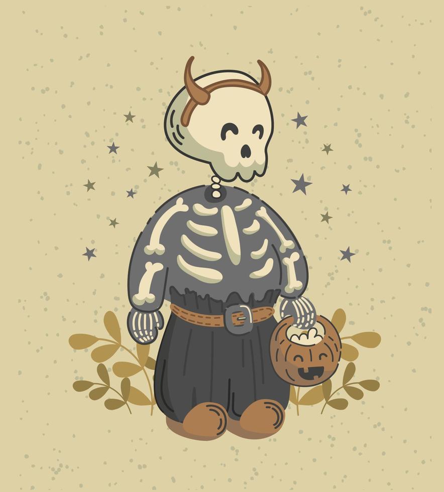 Adorable baby skeleton goes begging for candy for Halloween. Trick or treat. Night, stars, yellowed autumn grass. In vintage style. For posters, postcards, banners, printing on fabric. vector