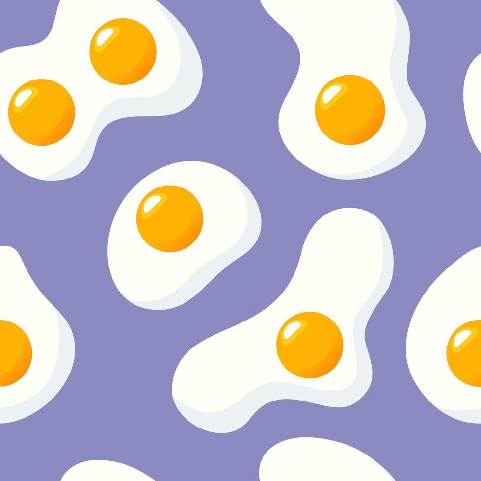 Breakfast, healthy food illustration, fried eggs on a bright purple background. Seamless pattern for wallpaper, printing on fabric, wrapping, background. vector