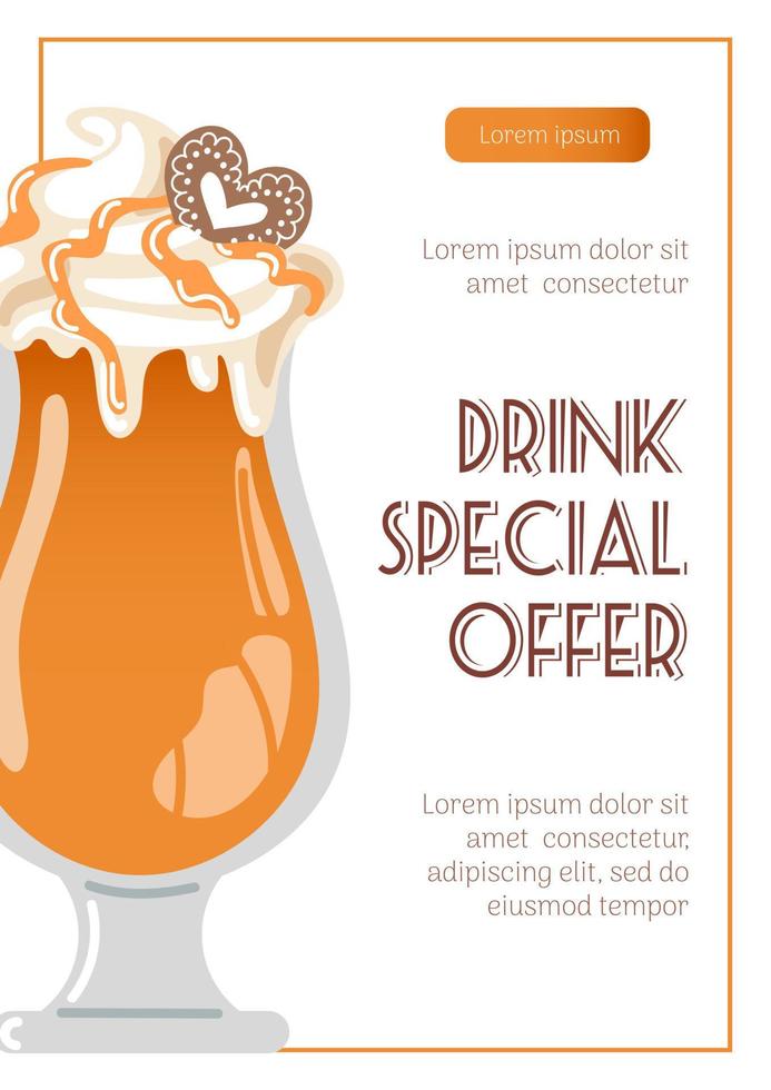 Hot Spiked Apple Cider with Brandy and Caramel. Whipped cream, caramel and gingerbread cookies. Winter drinks special offer. Vector illustration for poster, banner, flyer, advertising, promo, menu.