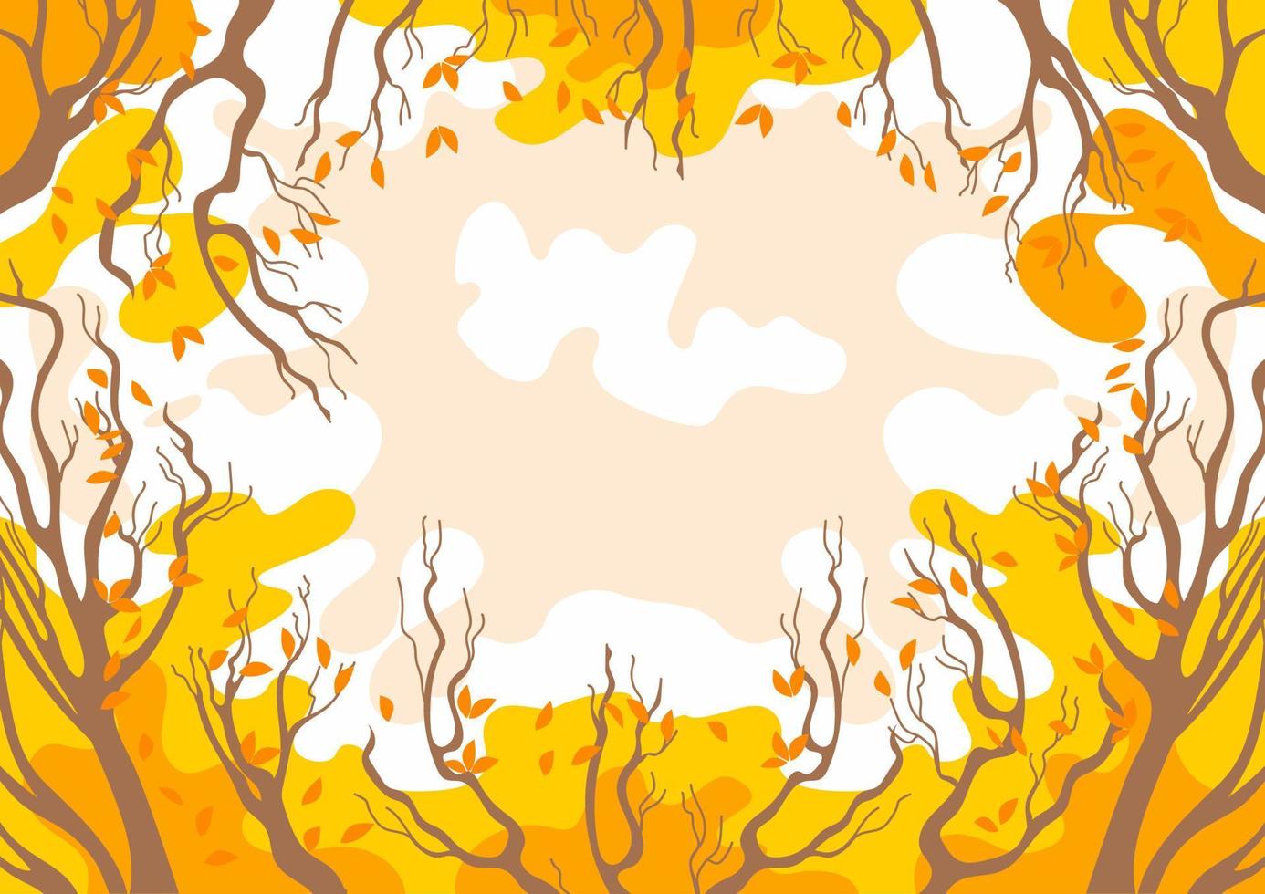 Hola otoño. fondo de paisaje con lugar para texto. copas de árboles con hojas amarillentas. nubes en el cielo del atardecer. para pancarta, afiche, fondo vector