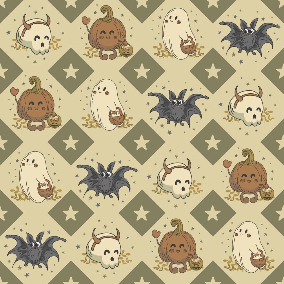 patrón sin costuras de adorables personajes de halloween. lindos fantasmas, esqueletos, calabazas y murciélagos están cantando villancicos. truco o trato. gato o linterna. para papel tapiz, impresión en tela, envoltura, fondo vector