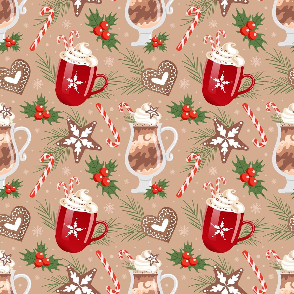 Winter Christmas drinks, seamless pattern. Hot chocolate and whipped cream. candy cane. Gingerbread. Spruce and holly. In warm beige colors. For food for cafe, wallpaper, fabric. vector