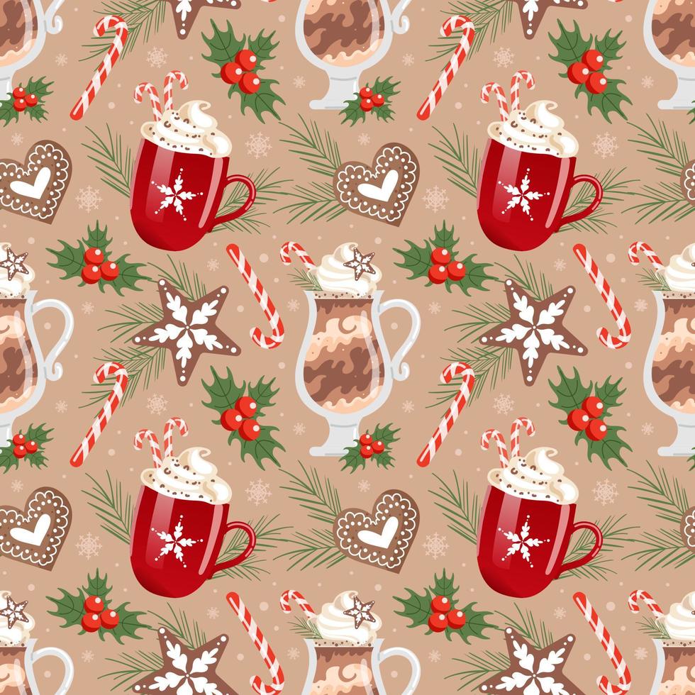 bebidas navideñas de invierno, patrones sin fisuras. chocolate caliente y crema batida. bastón de caramelo pan de jengibre. abeto y acebo. en cálidos colores beige. para comida para café, papel tapiz, tela. vector