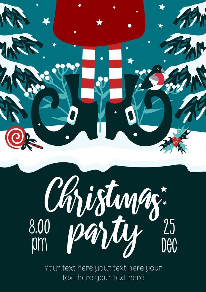 Merry Christmas party flyer. Bright vector illustration in cartoon style in green - red colors. Lollipop, gifts, striped stockings, elf shoes, holly. For advertising banner, poster, flyer.