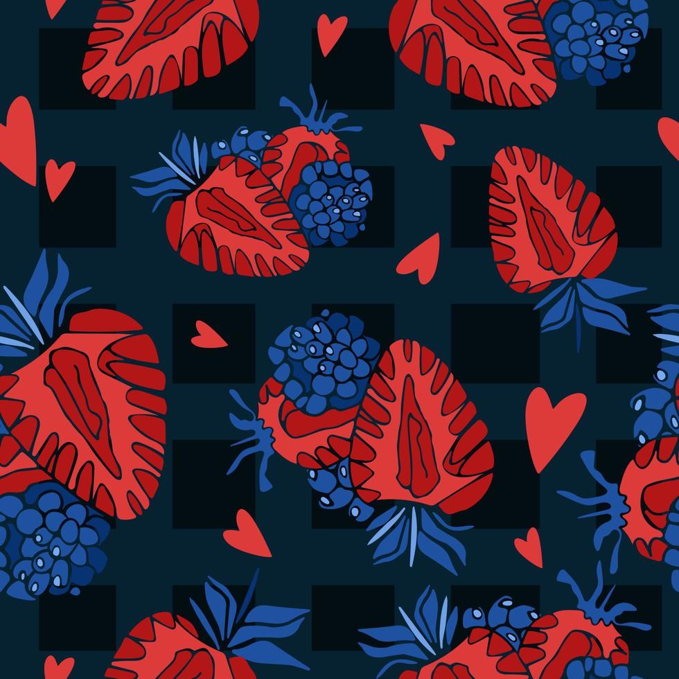 brillante patrón de verano sin costuras. fresas rojas y corazones sobre un fondo oscuro en una jaula. ilustración vectorial en estilo de dibujos animados. para imprimir en tela, embalaje, ropa. día nacional de la fresa. vector