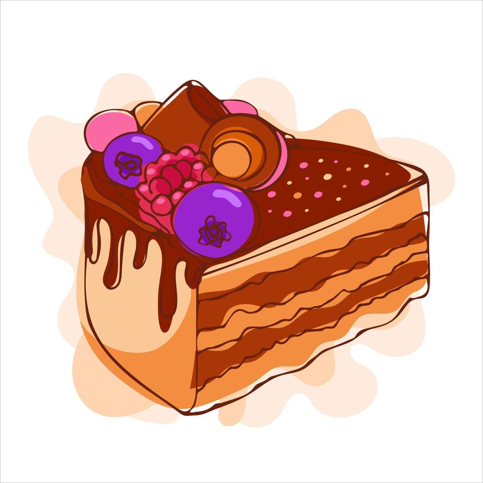Appetizing chocolate cake with blueberries, raspberries and caramel. Modern vector illustration in sketch style. international cake day. For cookbooks, stickers, design, menus, postcards, posters