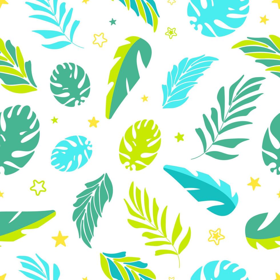 hojas de palma, monstera y estrellas sobre un fondo blanco en un estilo plano. patrón tropical transparente de verano brillante. para imprimir en tela, ropa, papel tapiz, fondo de pancarta vector