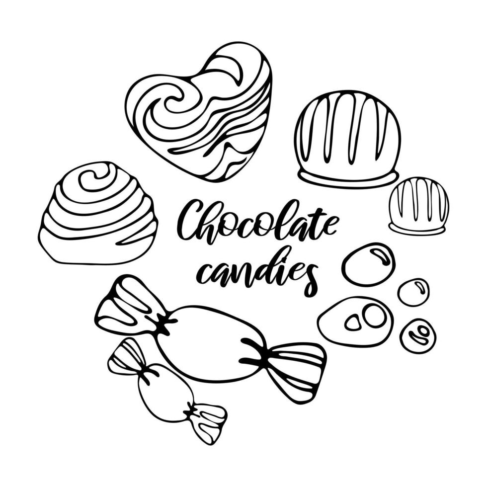 Set delicious pieces of milk chocolate candies. Celebrate World Chocolate Day. Vector doodle illustration of dessert food. For website, menu, cookbook, postcard, banner, poster. Valentines, heart