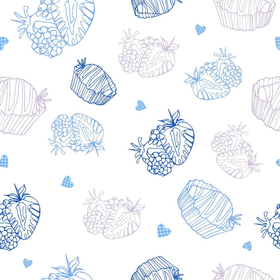 Bright seamless summer pattern. Blue strawberries and hearts in a cage on a white background. Vector illustration in doodle style. For printing on fabric, packaging, clothing. national strawberry day.