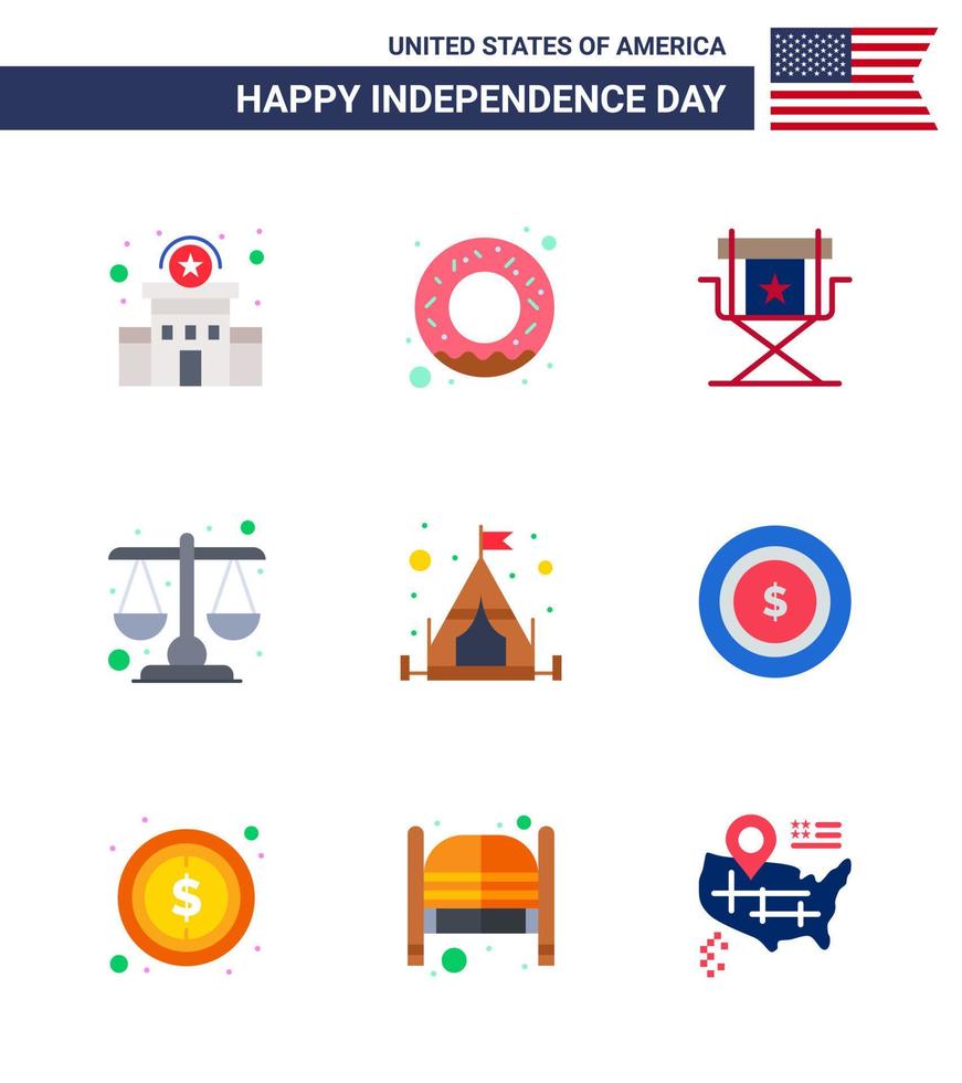 Big Pack of 9 USA Happy Independence Day USA Vector Flats and Editable Symbols of camping scale director law court Editable USA Day Vector Design Elements