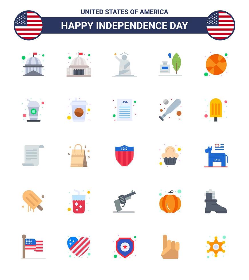 Set of 25 Vector Flats on 4th July USA Independence Day such as ink bottle adobe landmark usa of Editable USA Day Vector Design Elements
