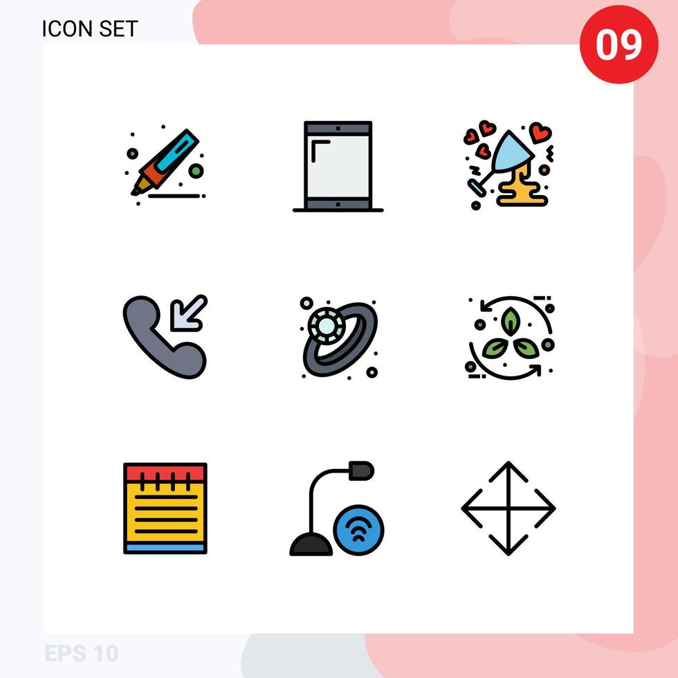 9 User Interface Filledline Flat Color Pack of modern Signs and Symbols of bio jewelry glass diamond call Editable Vector Design Elements