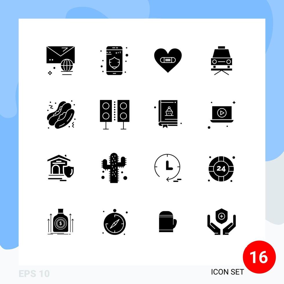 16 iconos creativos, signos y símbolos modernos de comida rápida, reparación de yeso para perros calientes, elementos de diseño de vectores editables para automóviles