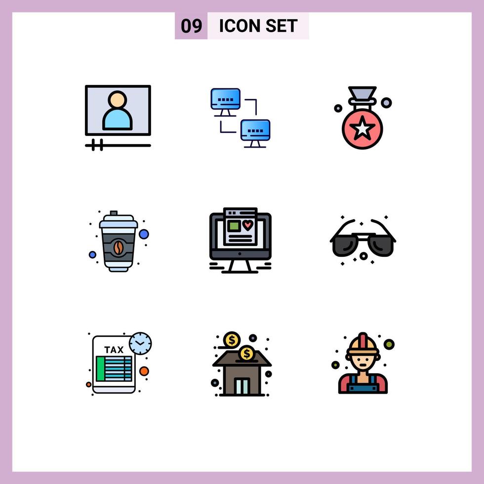 9 User Interface Filledline Flat Color Pack of modern Signs and Symbols of beach web award computer cup Editable Vector Design Elements