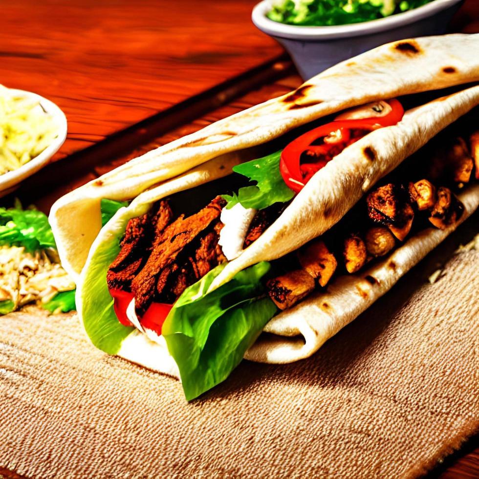 Shawarma. Doner kebab, fresh vegetables and meat. Kebab sandwich close up. photo