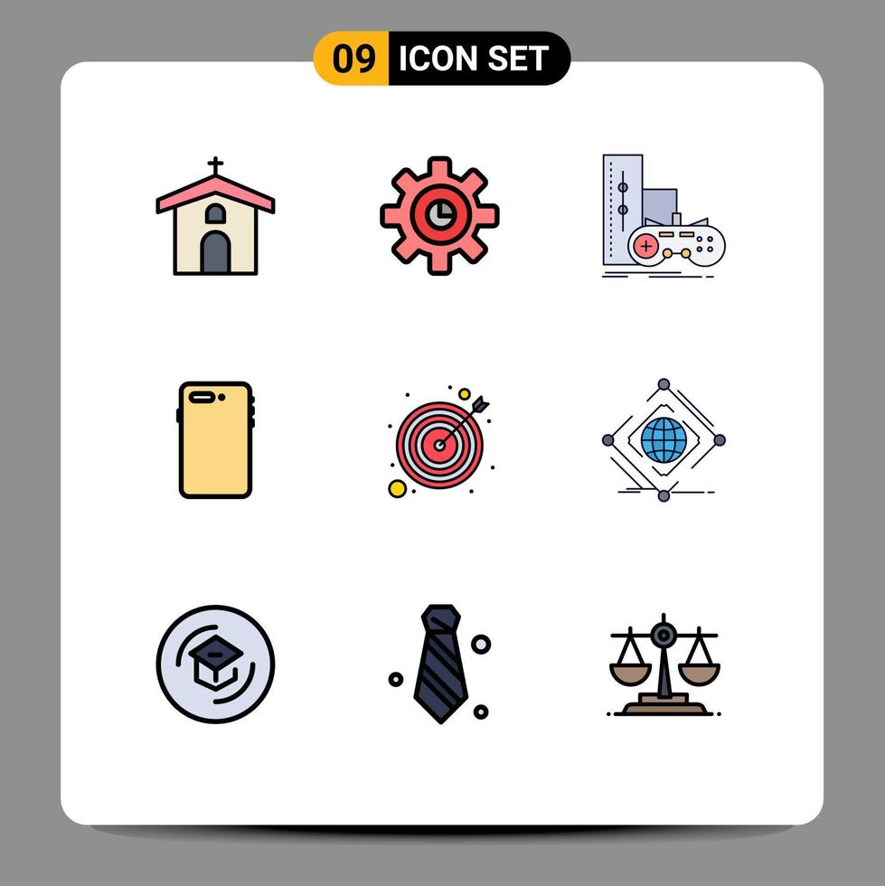 Group of 9 Filledline Flat Colors Signs and Symbols for back smart phone setting phone play Editable Vector Design Elements