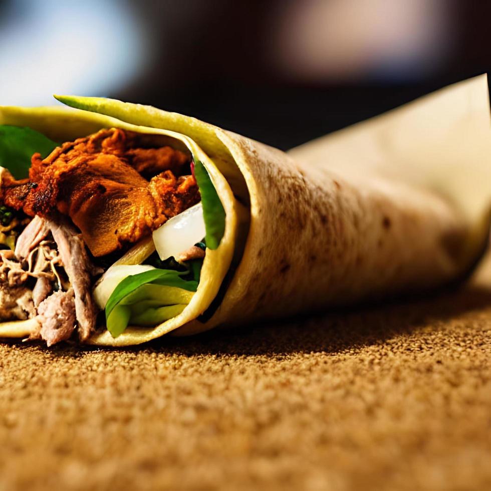 Shawarma. Doner kebab, fresh vegetables and meat. Kebab sandwich close up. photo