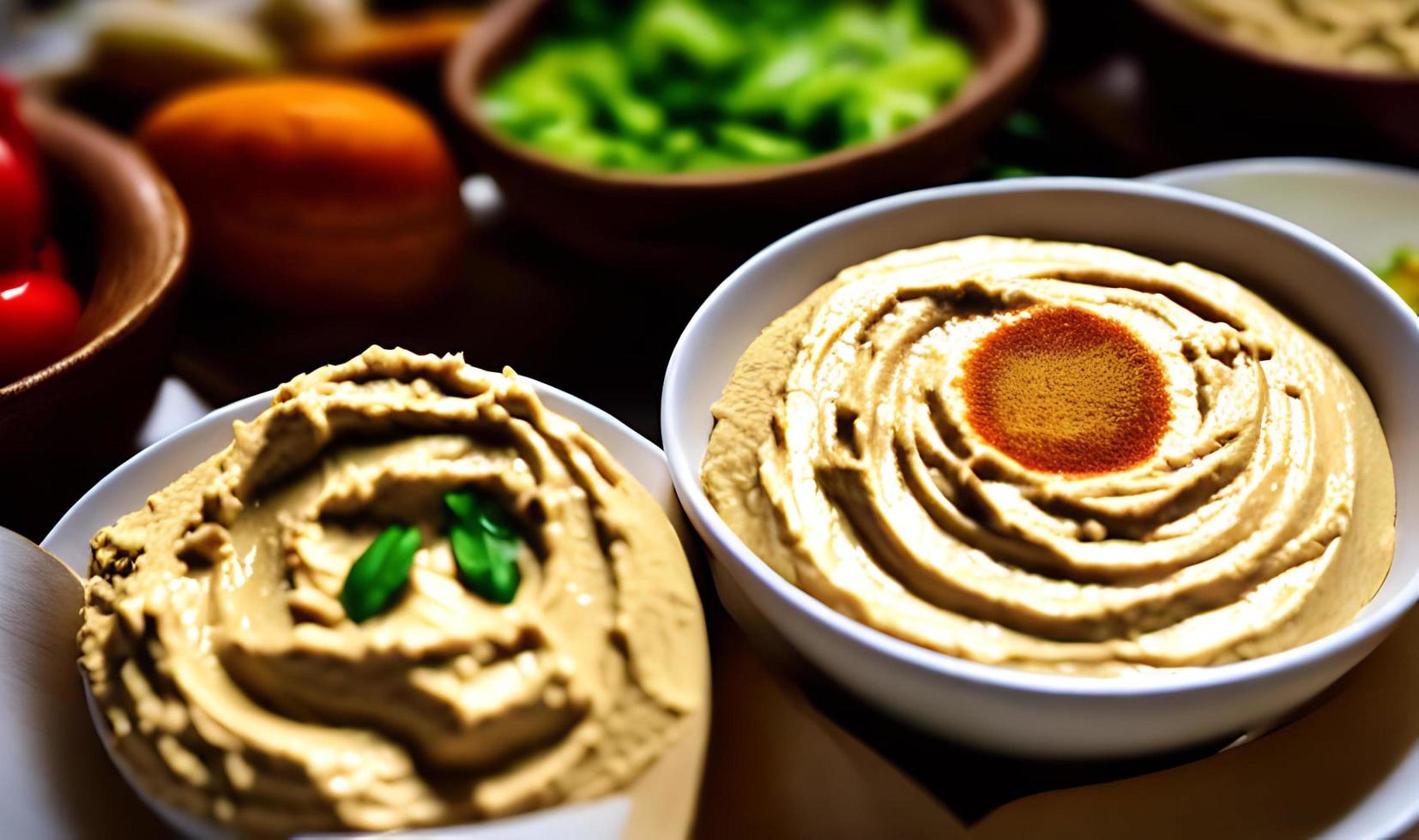 Healthy food. Traditional freshly made organic hummus. photo