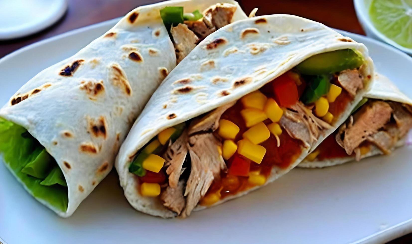 Shawarma. Doner kebab, fresh vegetables and meat. Kebab sandwich close up. photo