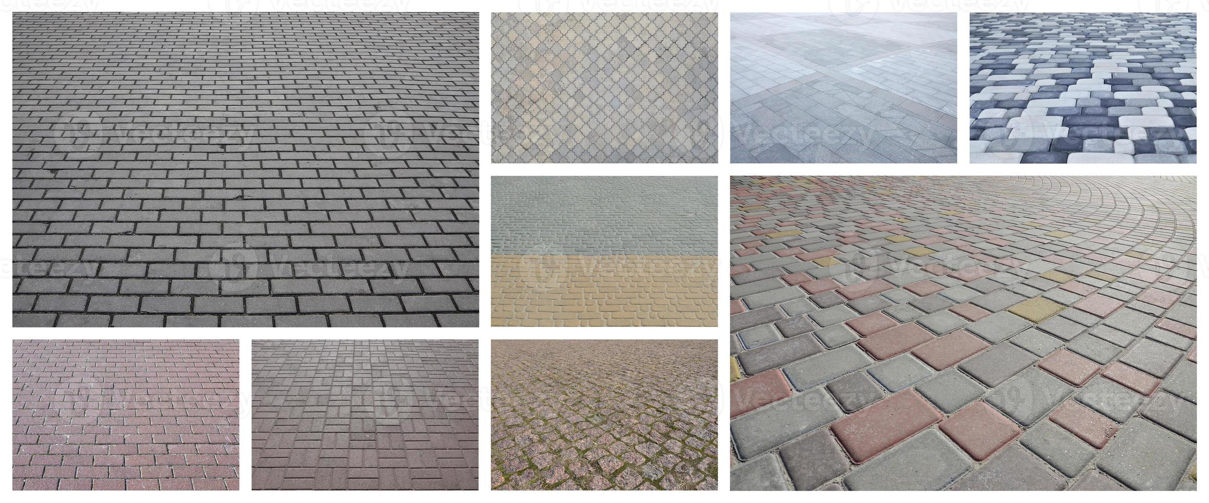 A collage of many pictures with fragments of paving tiles close-up. Set of images with pavement stone photo